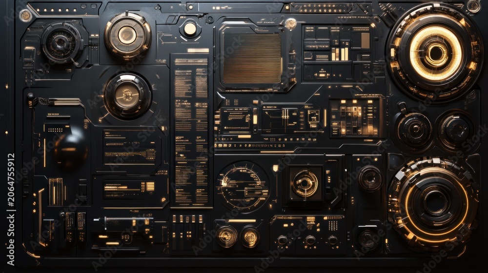 Fototapeta premium Futuristic circuit board with intricate gold accents. Complex technological interface, showcasing advanced circuitry and components. Detailed and highly stylized design