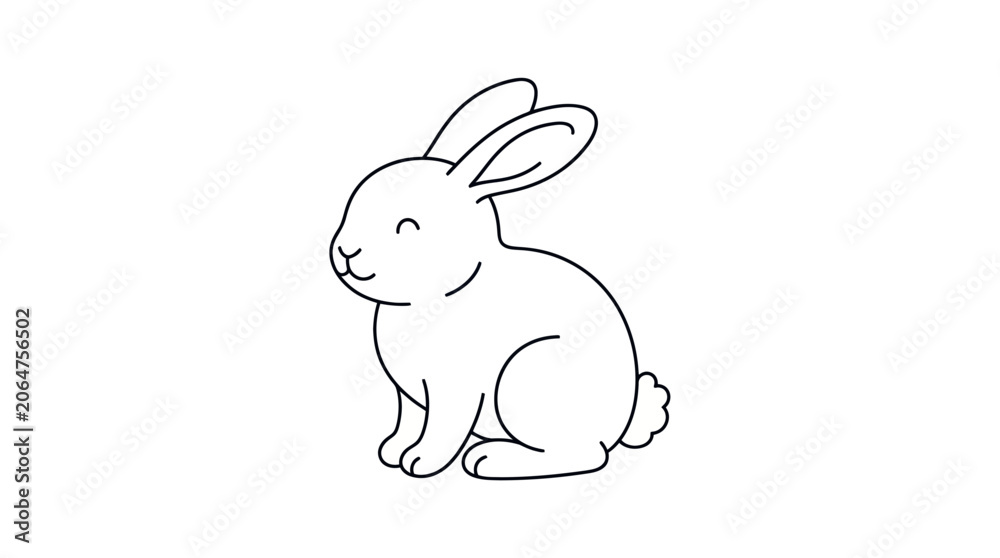 Fototapeta premium Cute Bunny Rabbit Illustration, Line Art, White Background, Simple Cartoon Style
