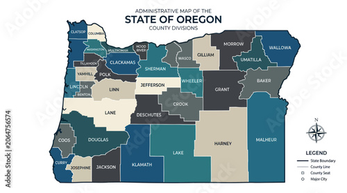 Fotografie Oregon County Map: Administrative Divisions with County Lines and Major Cities H