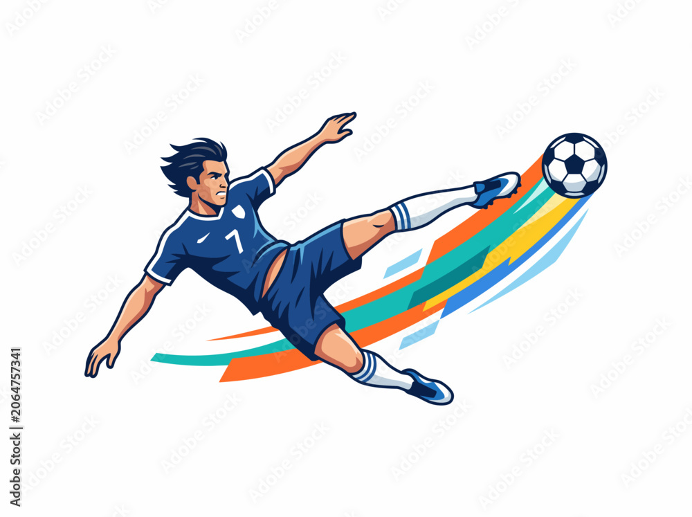 Obraz premium Dynamic Soccer Player Performing a Striking Volley Kick with Motion Trails in a Modern Minimalist Flat Vector Illustration Style