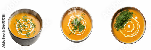 Fotografie Set of hot bowl of vegetable soup with fresh herbs healthy comfort food nutrition culinary meal isolated on transparent background, png