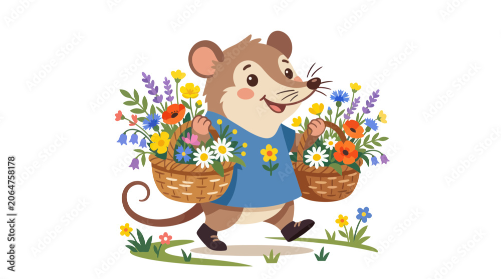 Naklejka premium Cute cartoon mouse carrying baskets full of colorful wildflowers