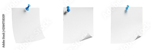 Fotografie Set of blank white square paper note fixed with a blue pushpin for office memo reminder and bulletin board communication isolated on transparent background, png