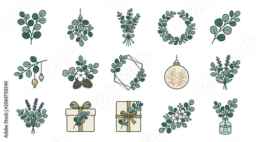 Fotografija Eucalyptus leaves and Christmas decorations.
