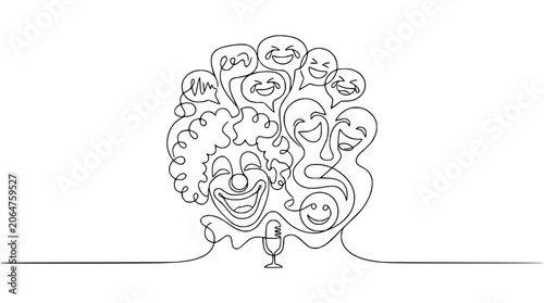 Tableau sur toile Joyful Clown Head with Laughter Speech Bubbles, Continuous Line Art