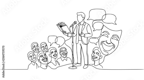 Photos Comedian Performs to Laughing Audience, Storytelling with Speech Bubbles, Comedy