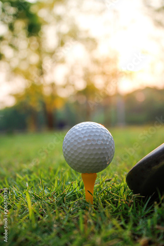 Golf Ball on Tee at Sunset with Club in a Lush Green Field