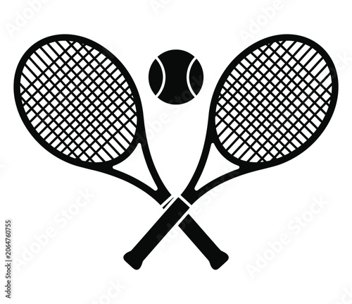 Bild auf Leinwand Black silhouette of two tennis rackets crossed with a ball floating above on a w