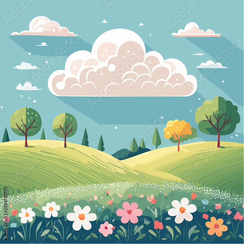 Stylized Spring Landscape with Rolling Hills and Wildflowers