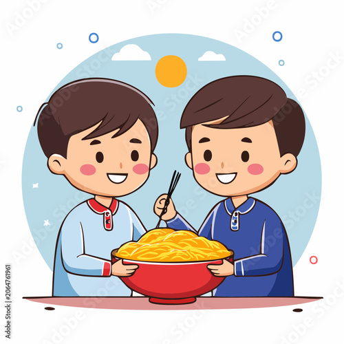 Two boys sharing a bowl of noodles