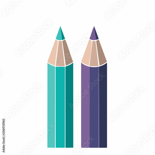 Two colored pencils, teal and purple, isolated on white