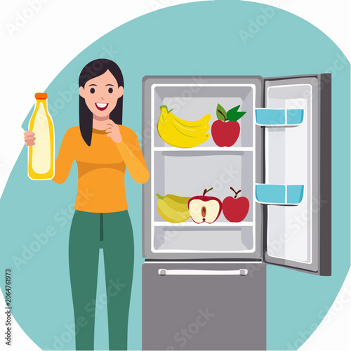 Woman Holding Bottle Next to Open Refrigerator Full of Fruits