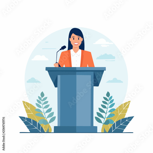 Woman Speaking at Podium with Microphone