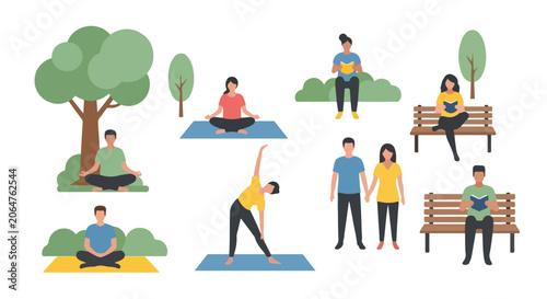 Foto The image shows various people engaged in outdoor activities like yoga, reading, and walking in a park-like setting with trees and benches