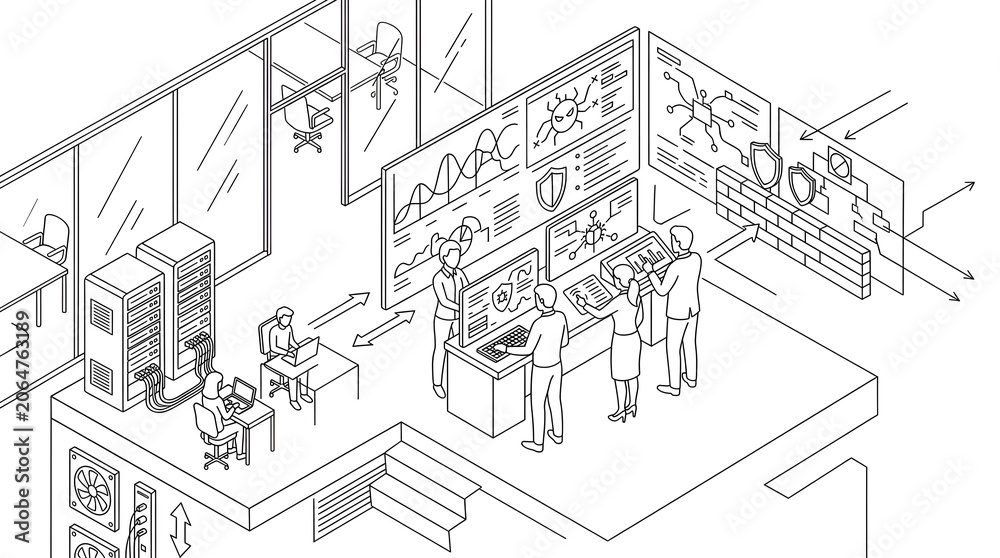 Fototapeta premium Isometric Line Art Illustration of Cybersecurity Professionals Monitoring Network Data and Security