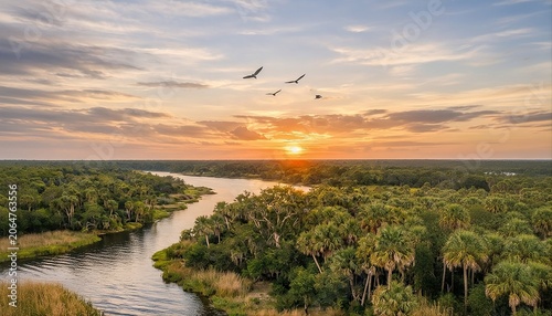 Sunset River Flowing Through Tropical Palm Forest with Birds in Vibrant Evening Sky