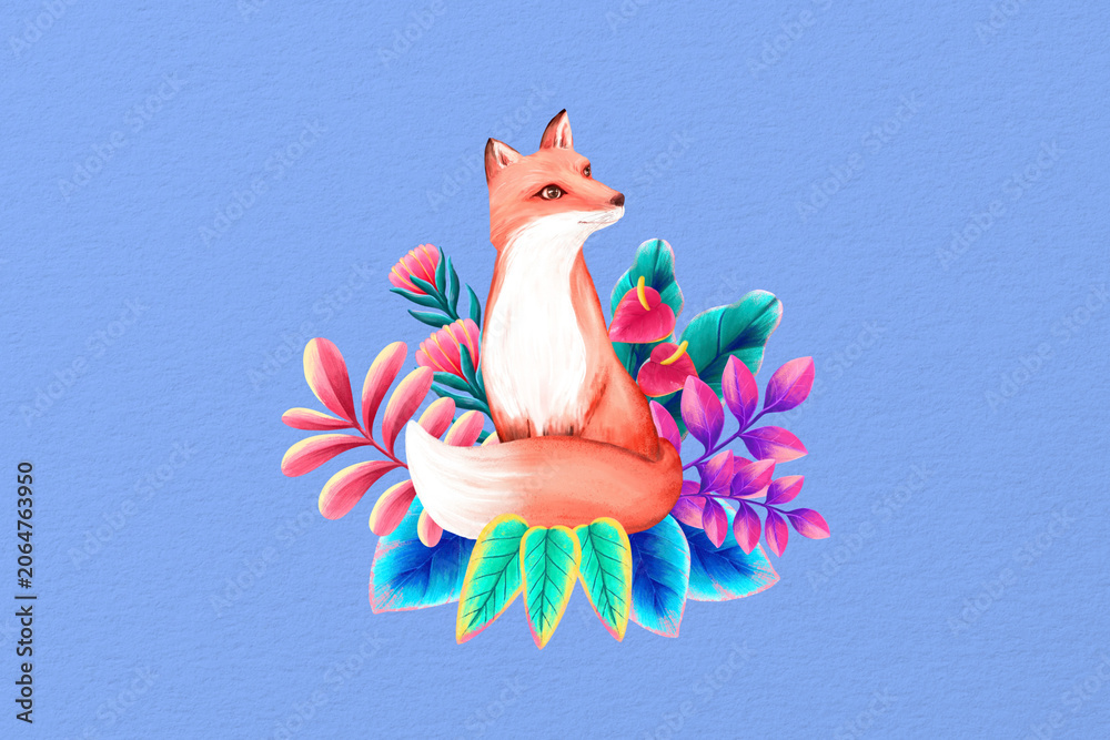 Fototapeta premium Cute fox background, blue floral design