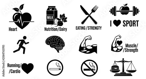 Fotografía Black icons for healthy lifestyle, nutrition, and fitness concepts, wellness bac