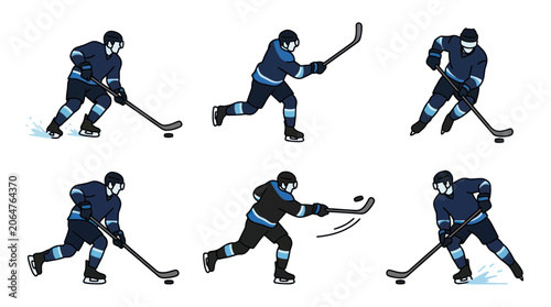 Canvas Print Hockey Player Action Set: Skating, Shooting, Puck Handling - Six Poses