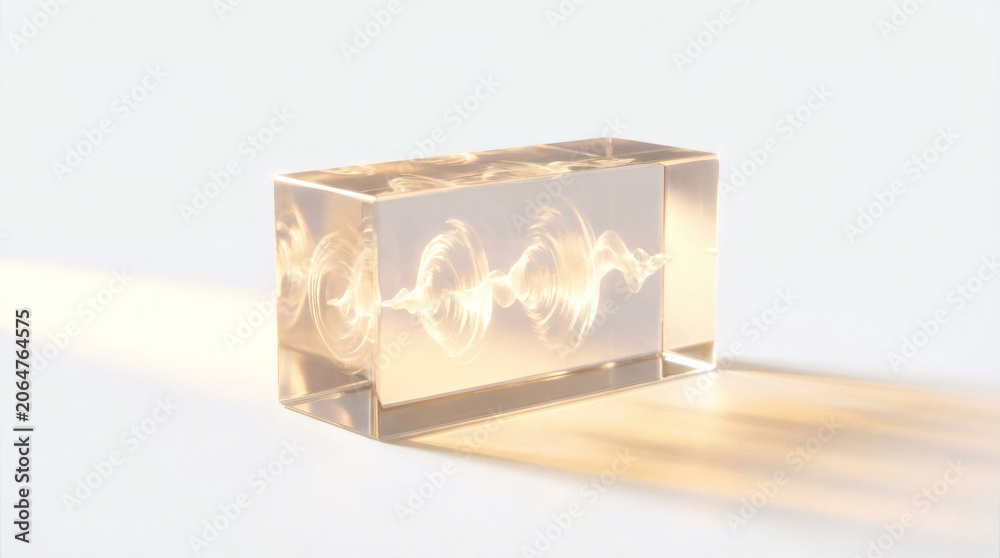 Obraz premium A solid transparent acrylic block with visible three-dimensional frozen soundwave ripples trapped inside, pure white background, dramatic side lighting, no people, no text, physical representation