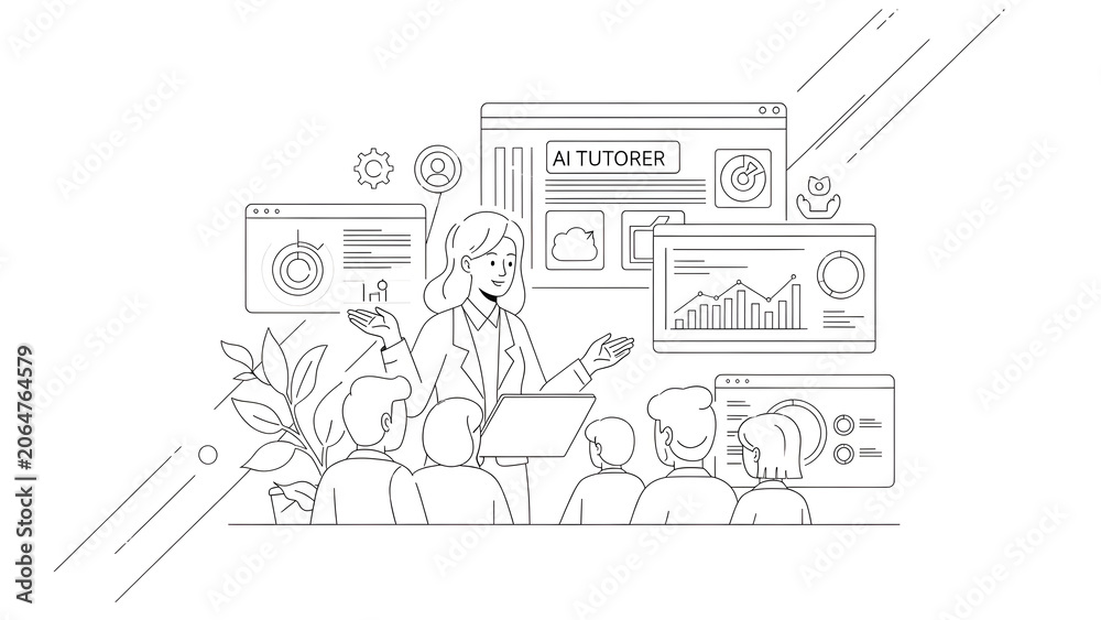Obraz premium Professional Woman Presenting Artificial Intelligence Educational Software with Analytics Dashboards