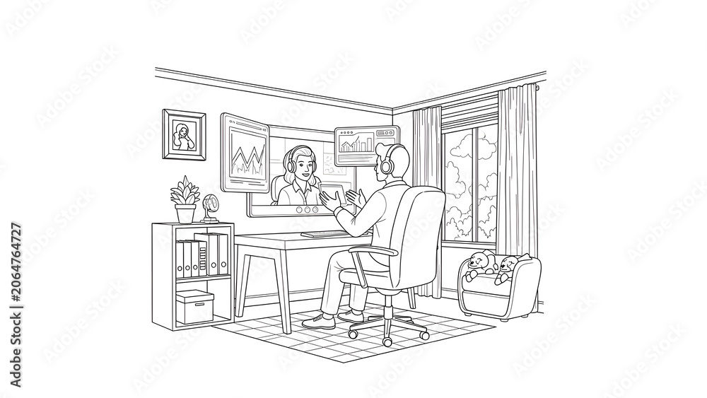Fototapeta premium Businessman Conducting Remote Video Conference with Data Analysis Charts in Cozy Home Office Line Art
