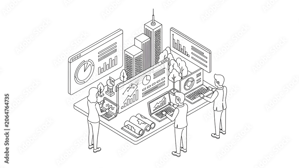 Obraz premium Professional Business Team Analyzing Financial Data and Urban Planning in Isometric Line Art Style