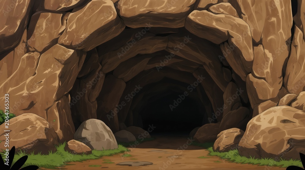 Fototapeta premium Cartoon cave entrance with large rocks and dark interior passage. Natural geology formation of mountain opening. Outdoor ground path leads inside mysterious stony cavern.