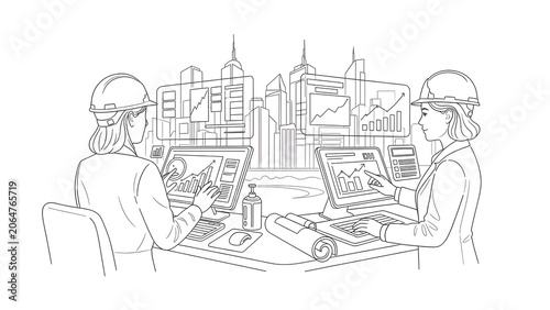 Women Architects Working on Urban Infrastructure Planning using Futuristic Technology Line Art Vector