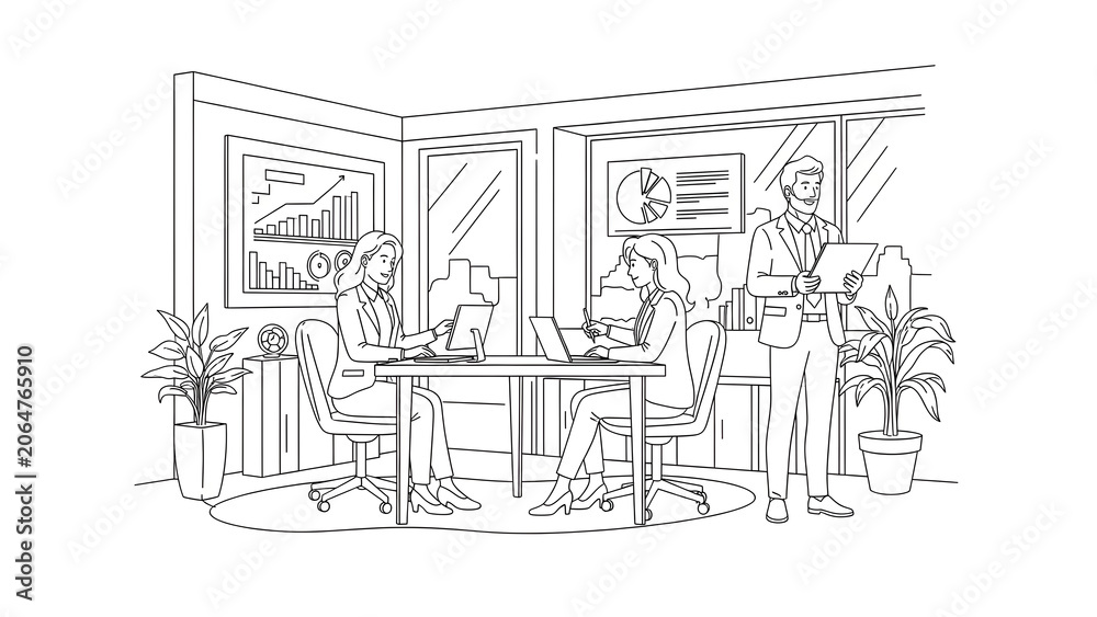 Obraz premium Professional Team Working in a Modern Office Environment with Data Analytics and Business Growth Charts