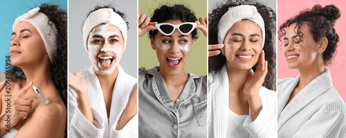 Photos Young woman skincare routine collage with facial mask, eye patches, and moisturi