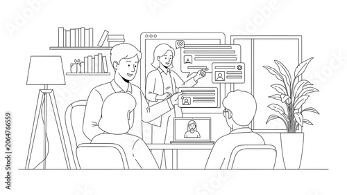Business Team Collaborating in Modern Office with Online Presentation and Video Conference Integration