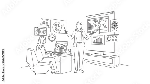 Professional Business Woman Presenting Data Analysis Charts and Financial Reports in Modern Office