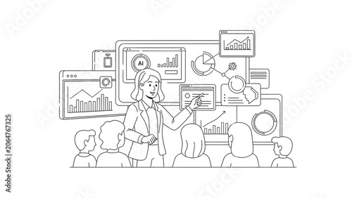 Business Woman Presenting Data Analytics and AI Insights on Digital Dashboard to Audience Illustration