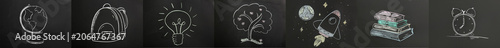 Education and learning chalkboard icons: globe, backpack, lightbulb, tree, space rocket, books, alarm clock