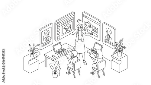 Isometric Line Art Illustration of Online Education Concept with Teacher and Students in Virtual Class