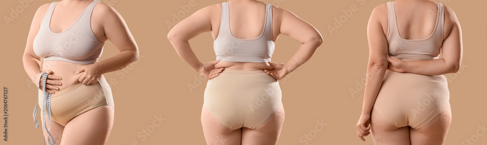 Obraz premium Overweight woman in underwear on pink background