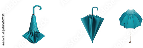 Tableau sur toile Set of folded teal blue umbrella standing isolated on transparent background ele