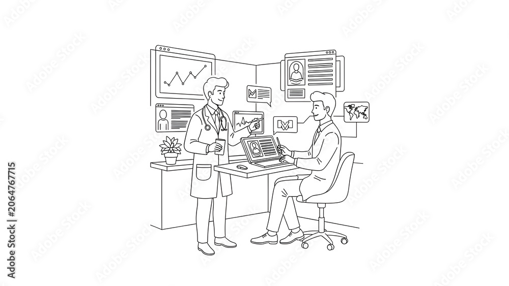 Obraz premium Two Doctors Analyzing Medical Data and Patient Records on Digital Interfaces in a Modern Hospital