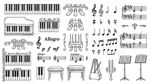 Photos Musical Instruments and Notes Collection - Piano Keys, Sheet Music, Metronome