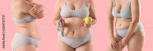 Fotografie Overweight woman in underwear on pink background