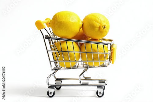 Small metal shopping cart filled with bright yellow lemons against a clean white background. Symbolizes fresh produce shopping, grocery selection, and healthy food choices for consumers.