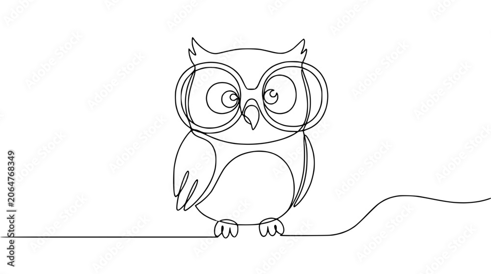 Fototapeta premium One Line Drawing of a Cute Owl with Big Glasses Sitting on a Branch