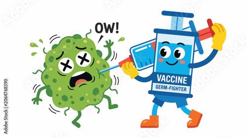 Vaccine cartoon character fighting germs.