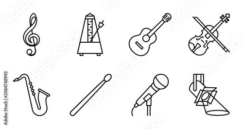 8 Music Instruments linear icon set treble clef metronome guitar violin saxophone drumstick microphone spotlight UI and web interface design