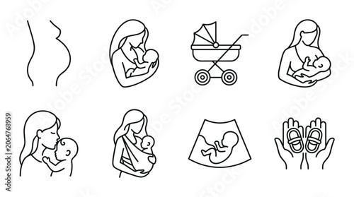 Pregnancy and Baby linear icon set maternity, newborn, stroller, ultrasound, baby shoes, UI and web interface design
