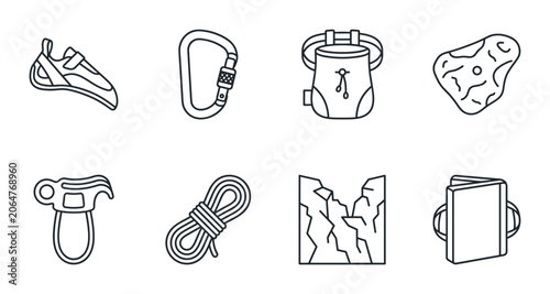 Climbing gear linear icon set carabiner chalk bag climbing shoe rope rock face, UI and web interface design