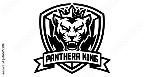 Canvas Print Monochrome Panthera King badge logo with stealth predator mascot vector