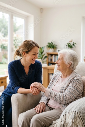 Smiling young woman holding hands with an elderly woman in a bright living room, showing care and companionship