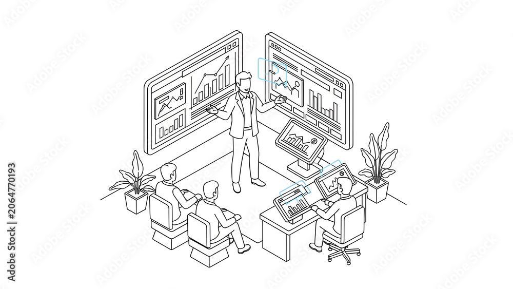 Fototapeta premium Isometric Line Art of Professional Business Meeting with Data Analysis and Digital Dashboard Display